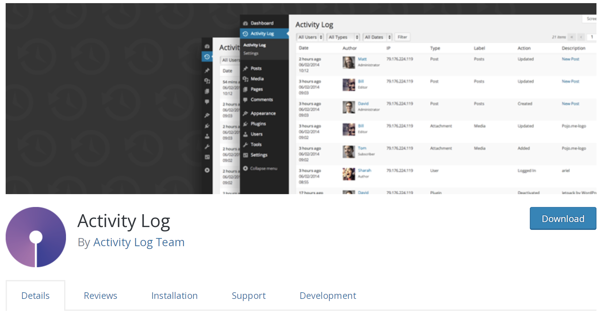 Activity Log page in the WordPress plugin repository