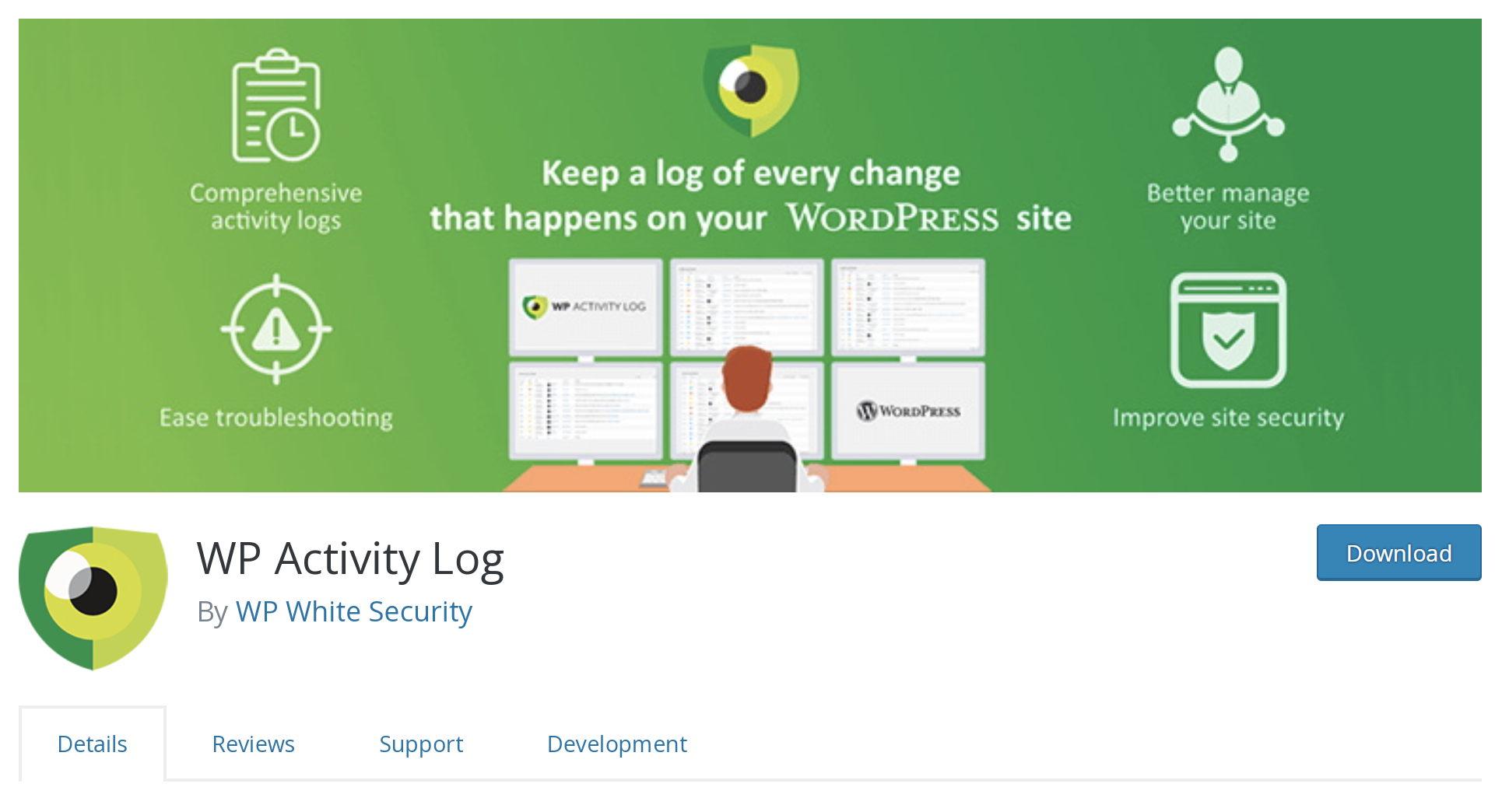 WP Activity Log plugin with the tagline "Keep a log of every change that happens on your WordPress site."