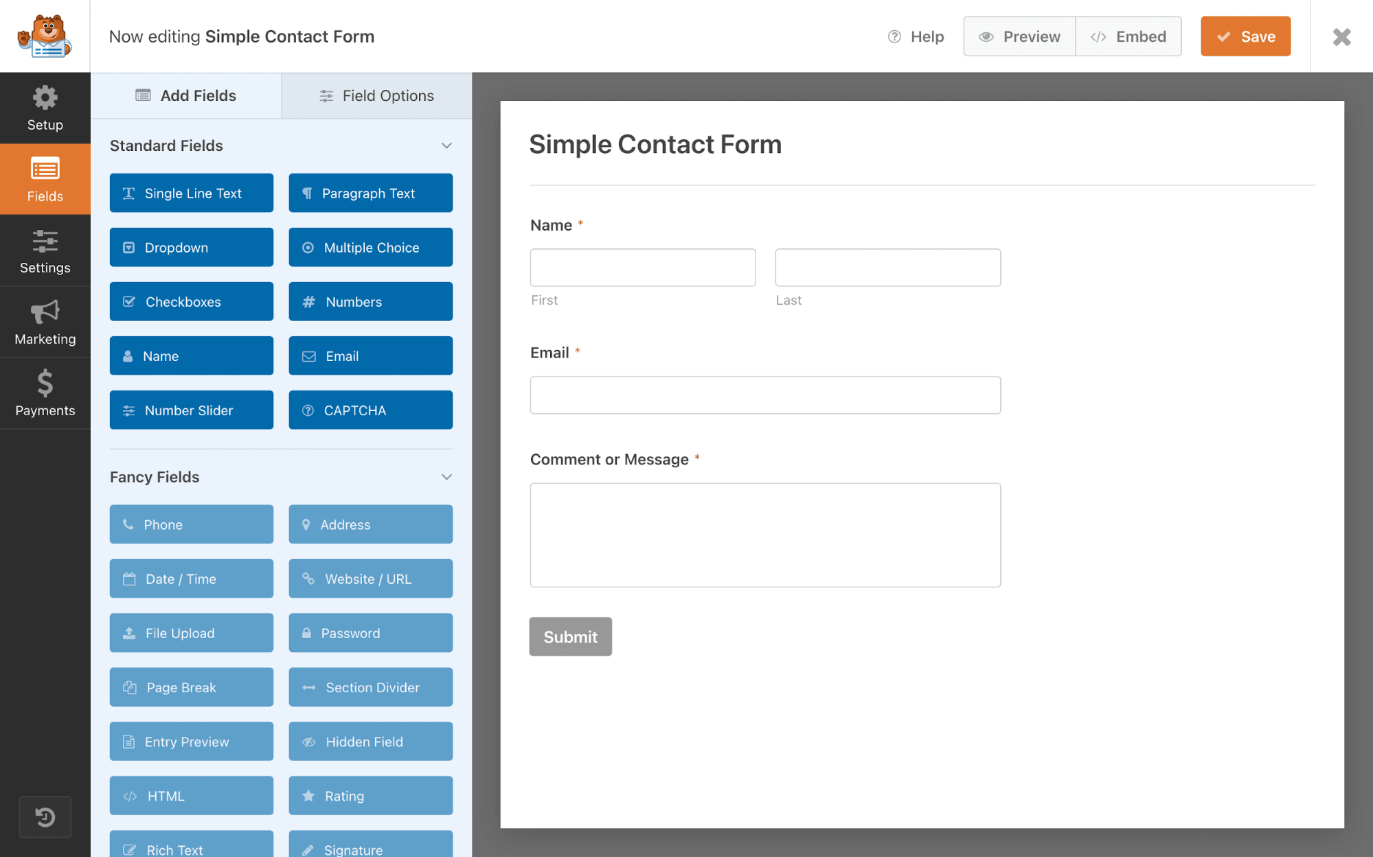 WP Forms' contact form builder