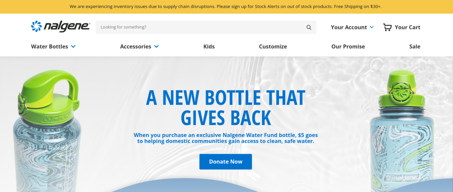 Nalgene website with photos of their water bottles