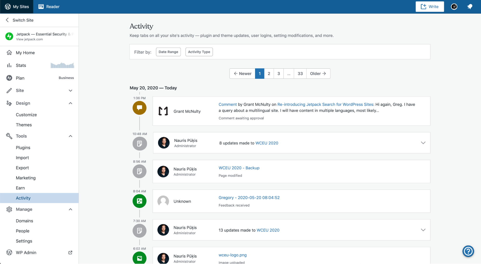 list of activities in WOrdPress