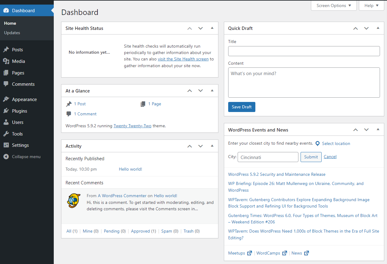 a snapshot of the WordPress dashboard