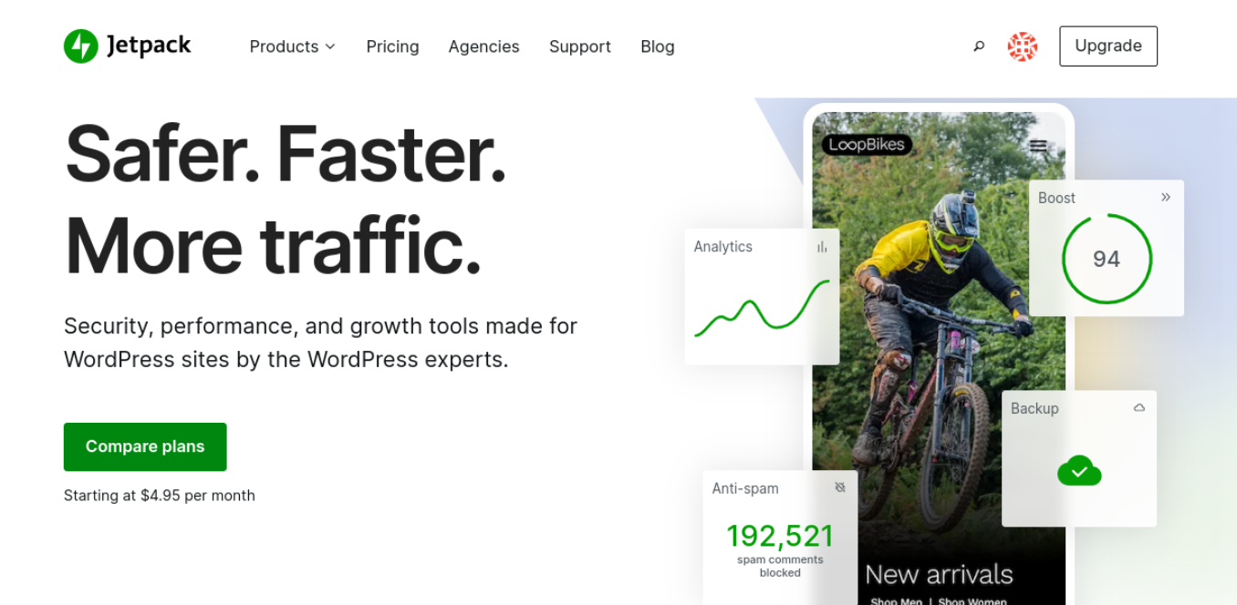 Jetpack plugin homepage with information about available tools