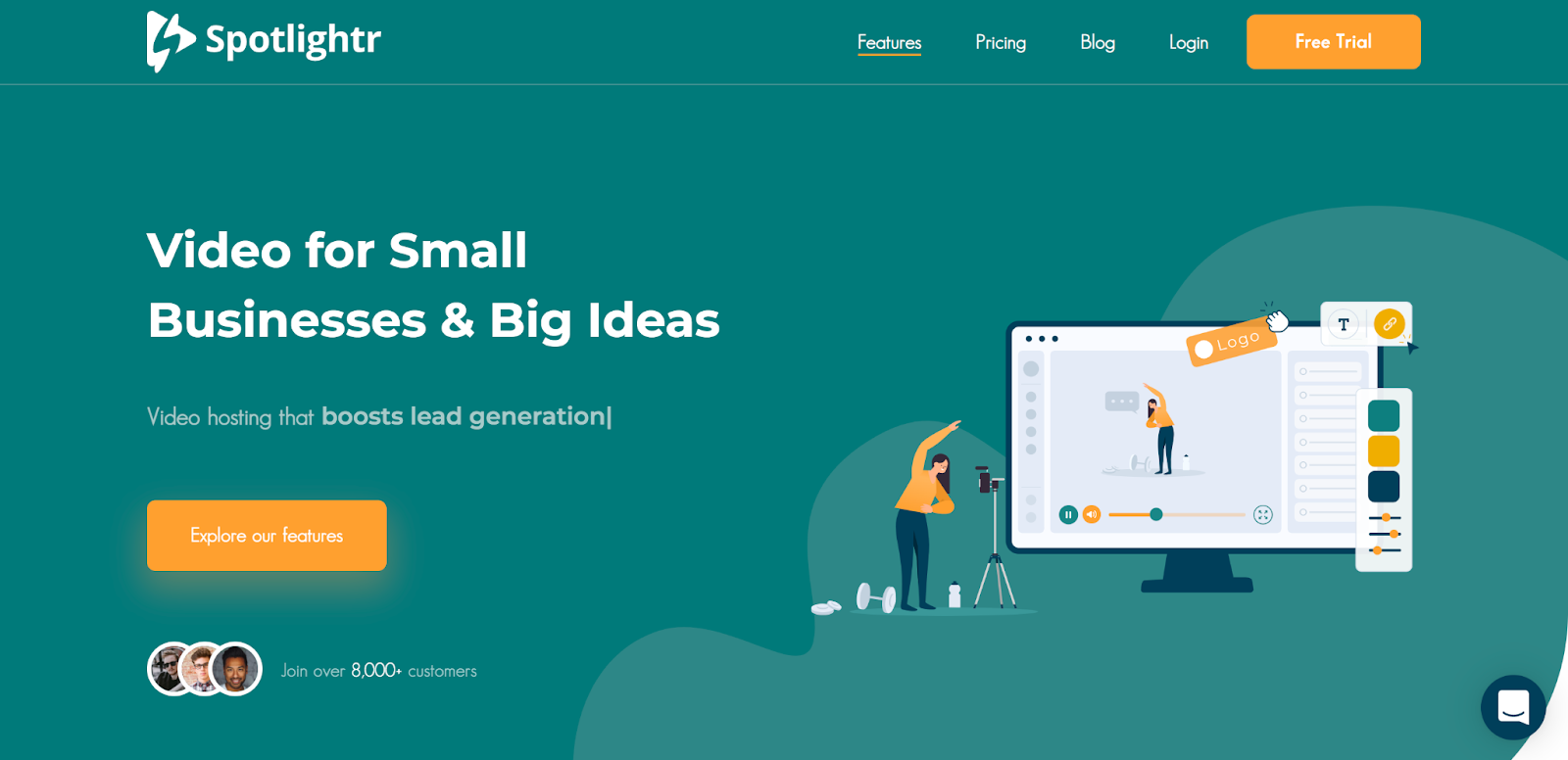 Spotlightr homepage with text that says "video for small businesses & big ideas"