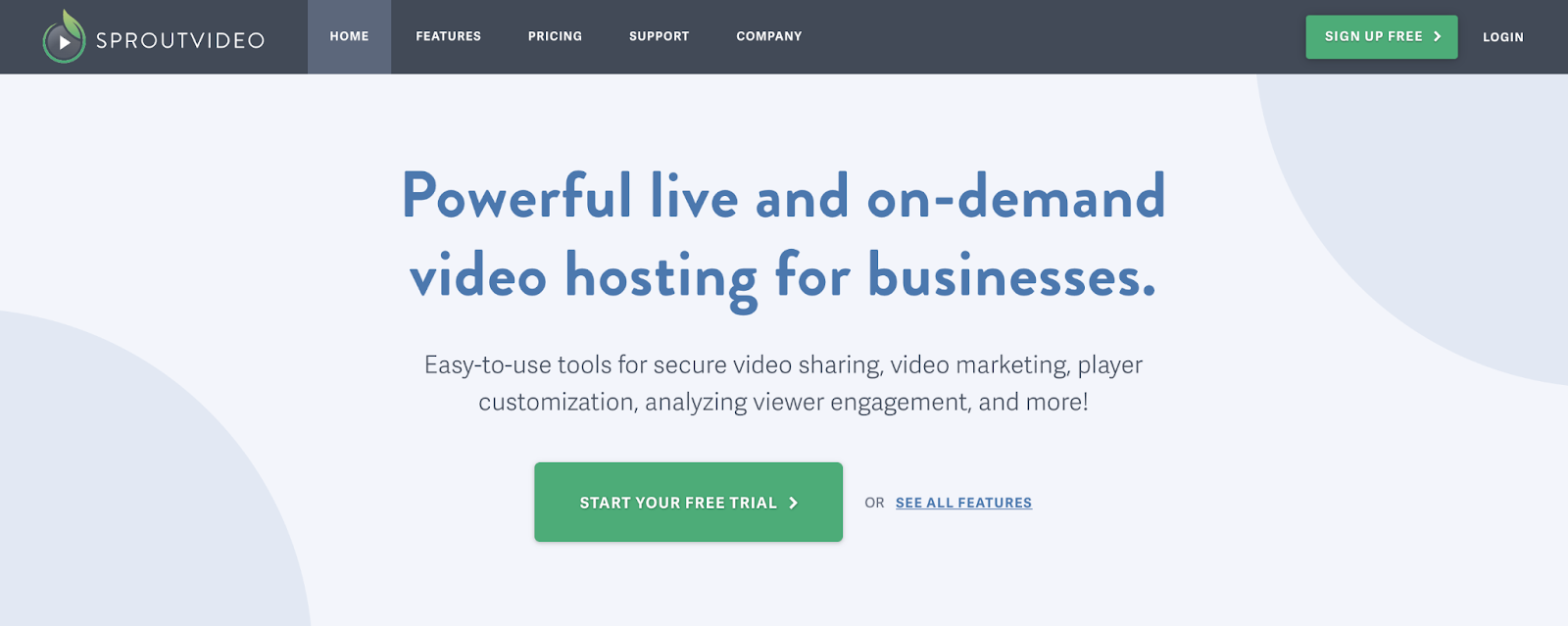 SproutVideo homepage with text "powerful live and on-demand video hosting for businesses"