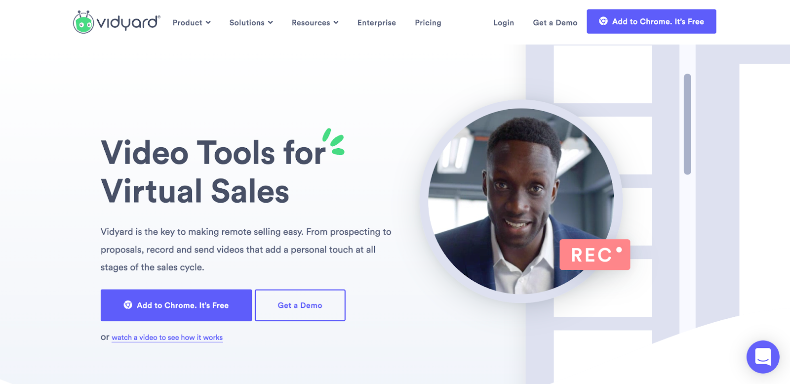 Vidyard homepage with text "video tools for virtual sales"