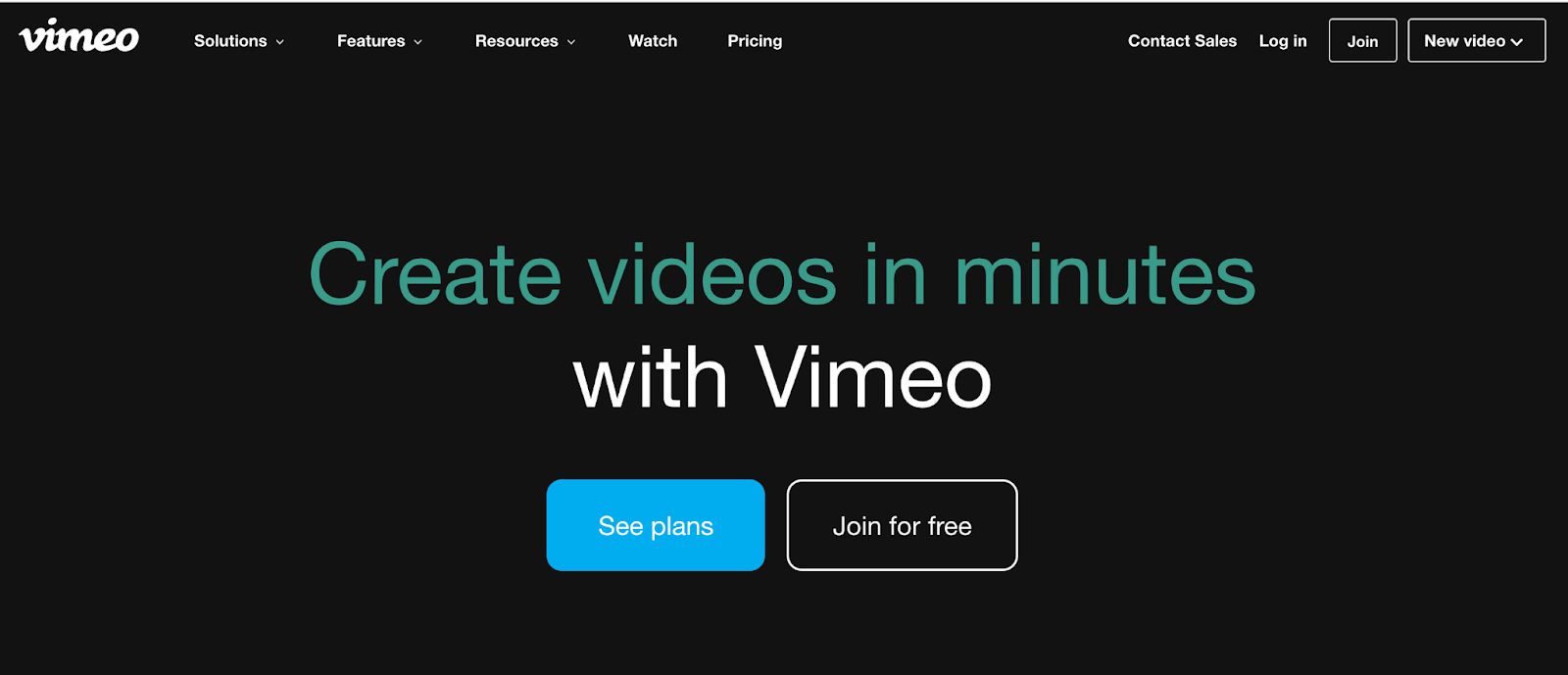 Vimeo homepage with the text "create videos in minutes with Vimeo."