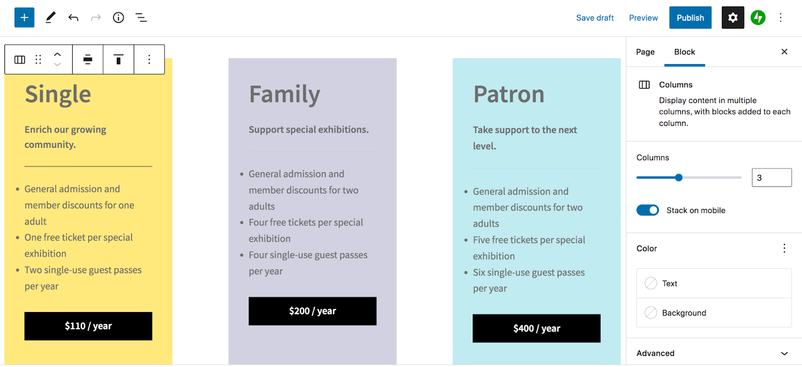 adding a pricing pattern using the Block Editor