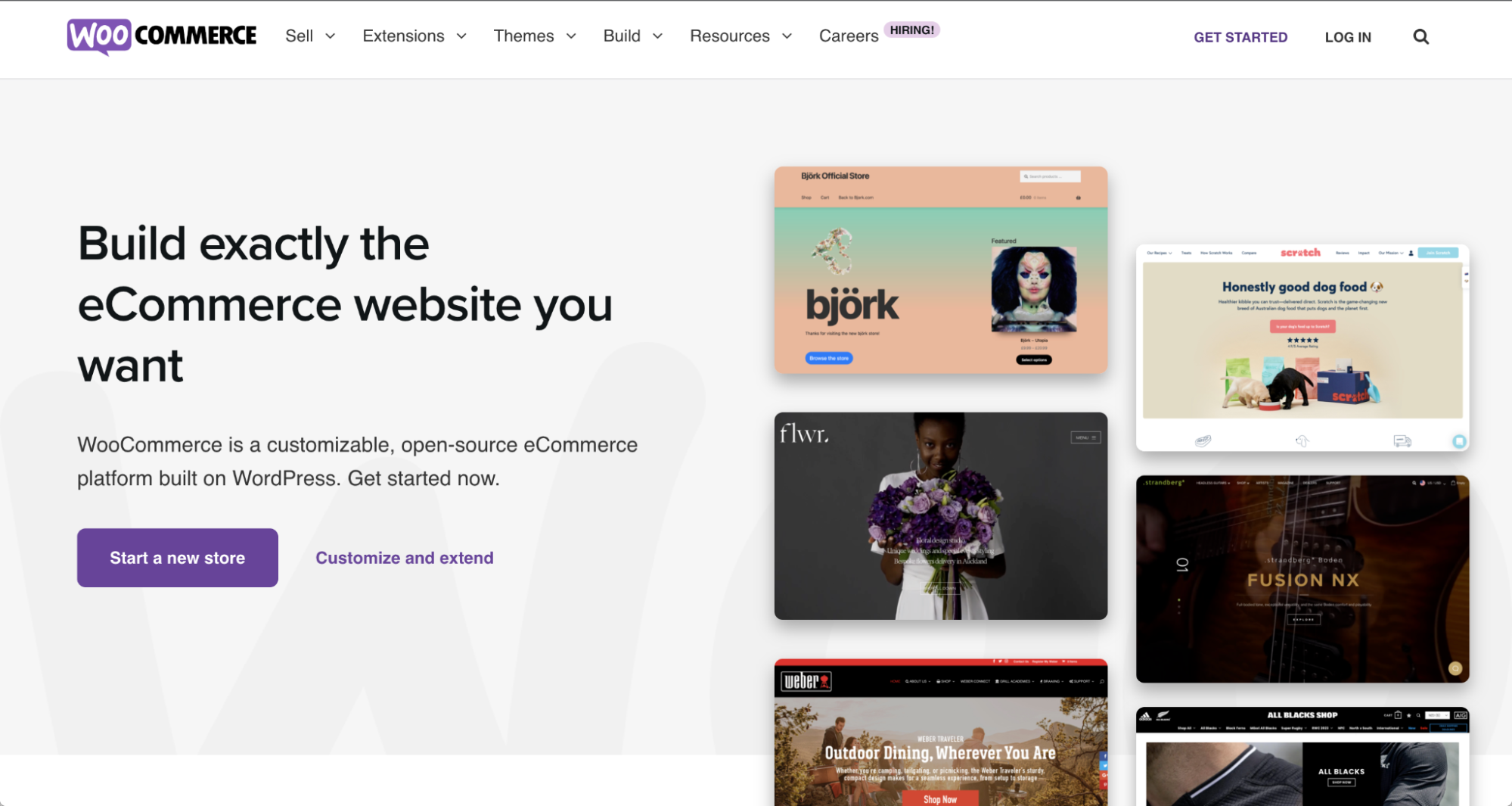WooCommerce homepage, with examples of sites built with the tool