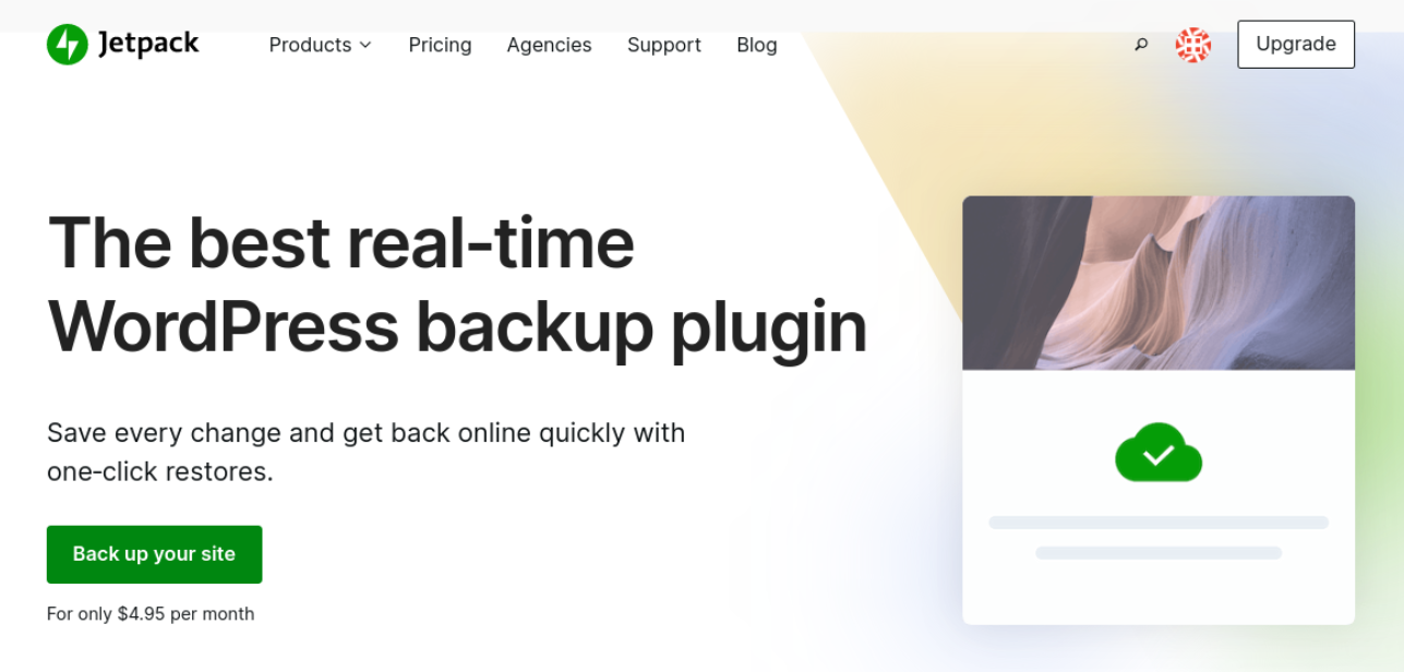 Jetpack Backup homepage, with the tagline "the best real-time WordPress backup plugin"