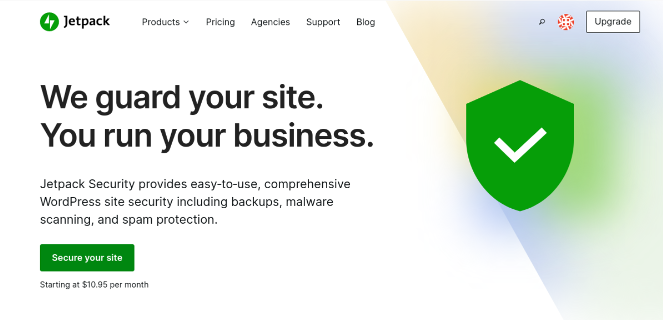 Jetpack Security landing page with the tagline, "We guard your site. You run your business."