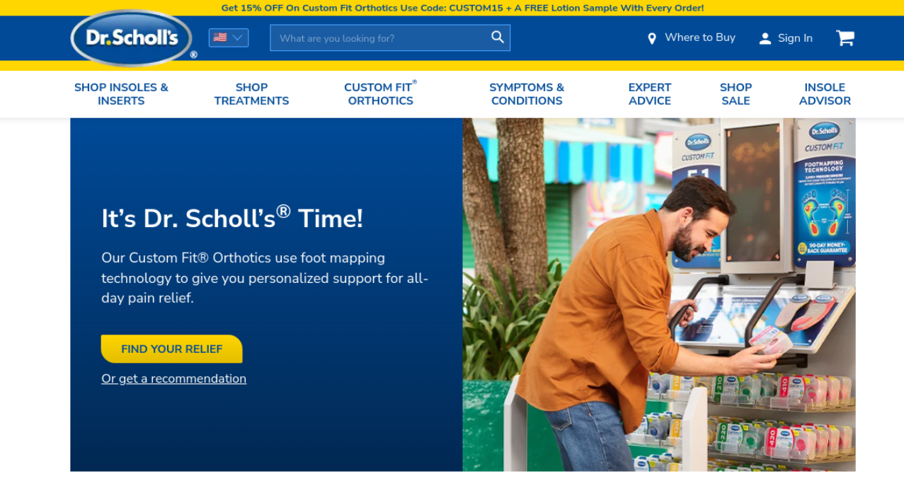 Dr. Scholl's homepage, with a blue and yellow color scheme