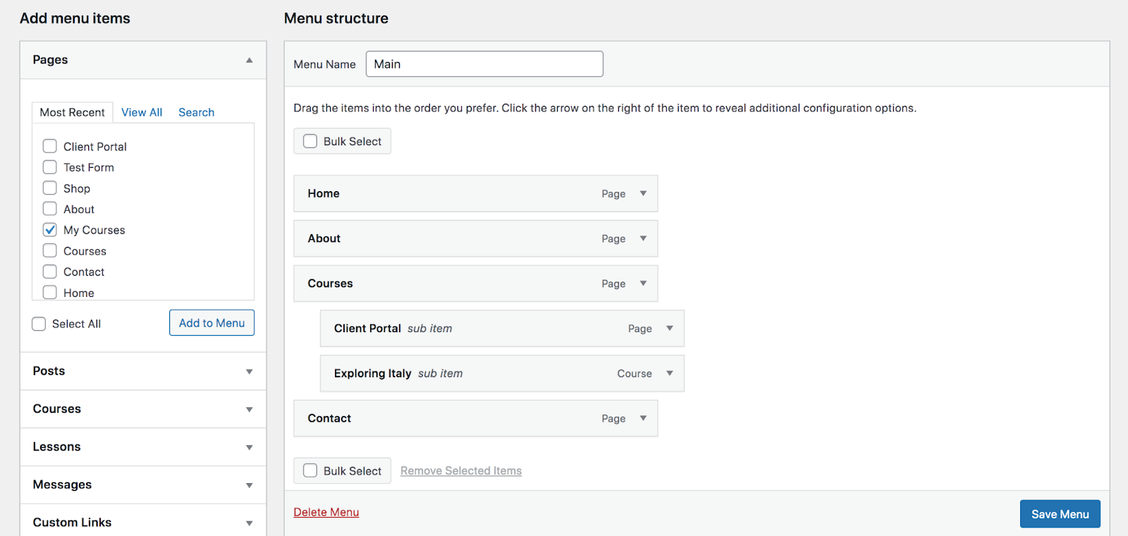 creating a new menu in WordPress