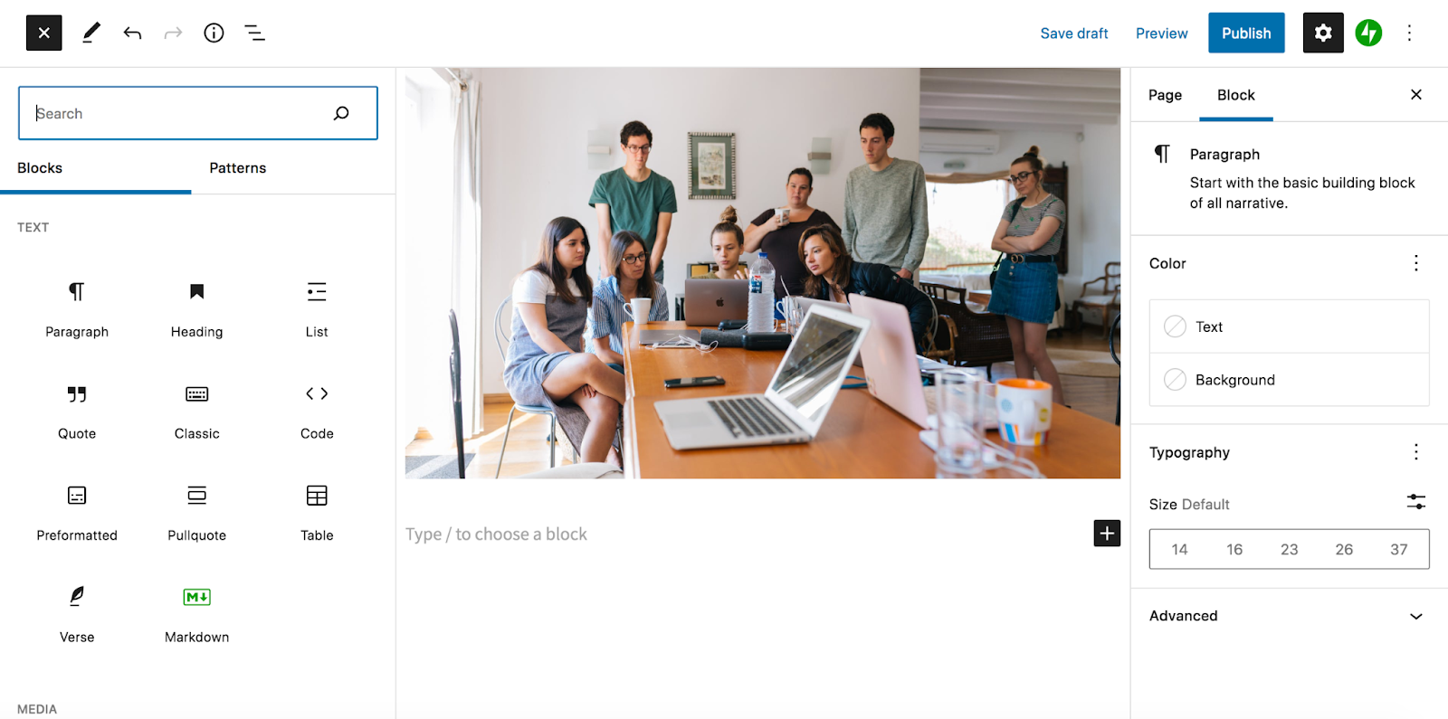 building a page with the block editor