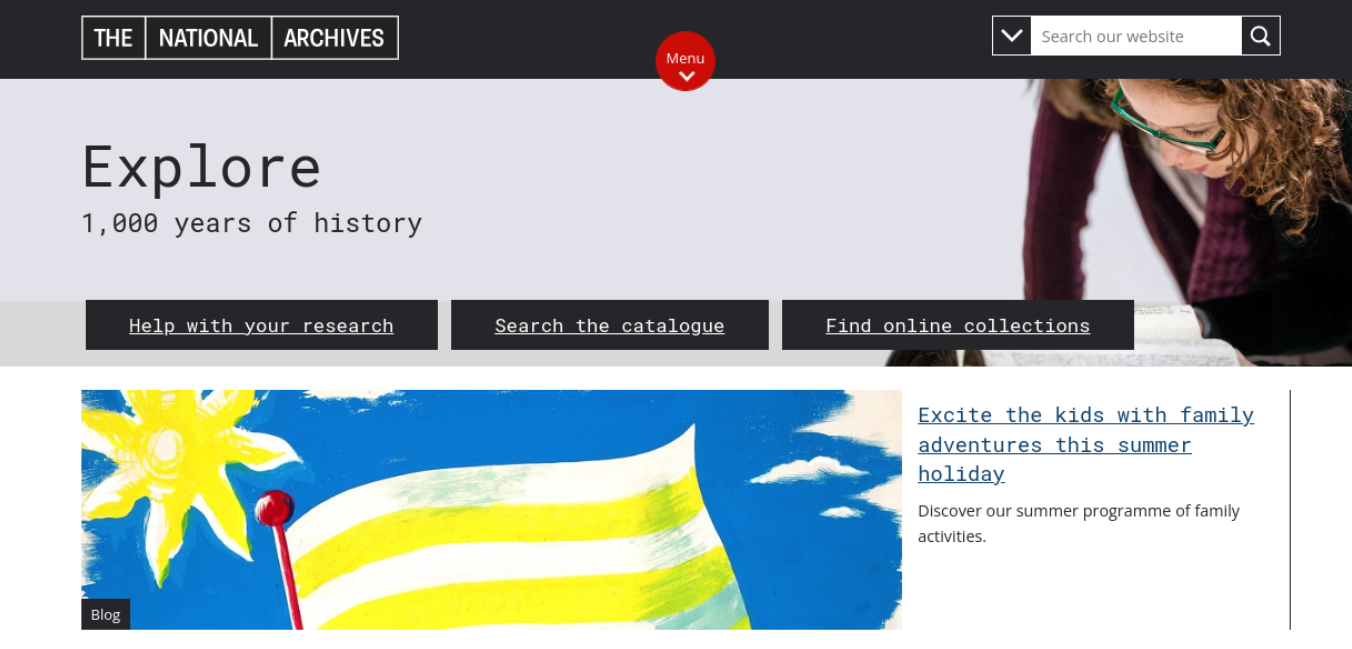 homepage of the National Archives, with search functionality