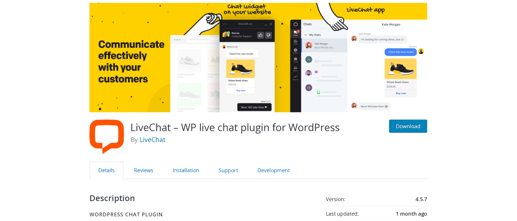 LiveChat page in the WordPress repository