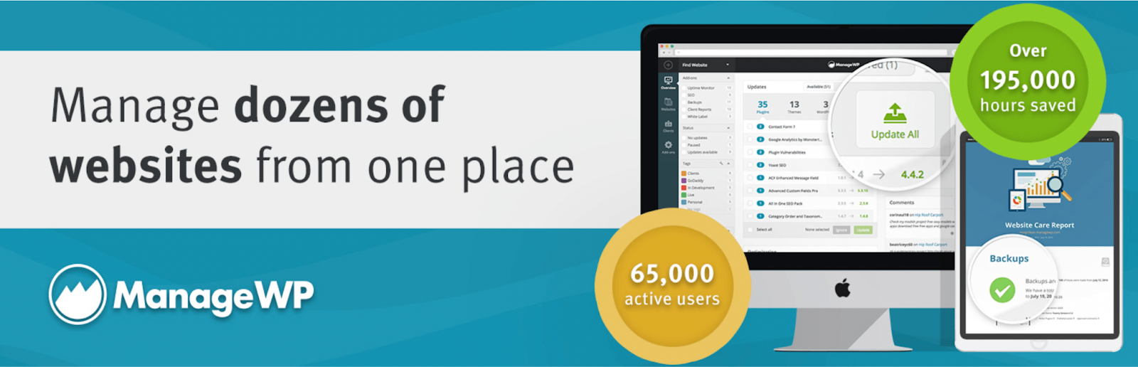 ManageWP hero image with the tagline, "Manage dozens of websites from one place."