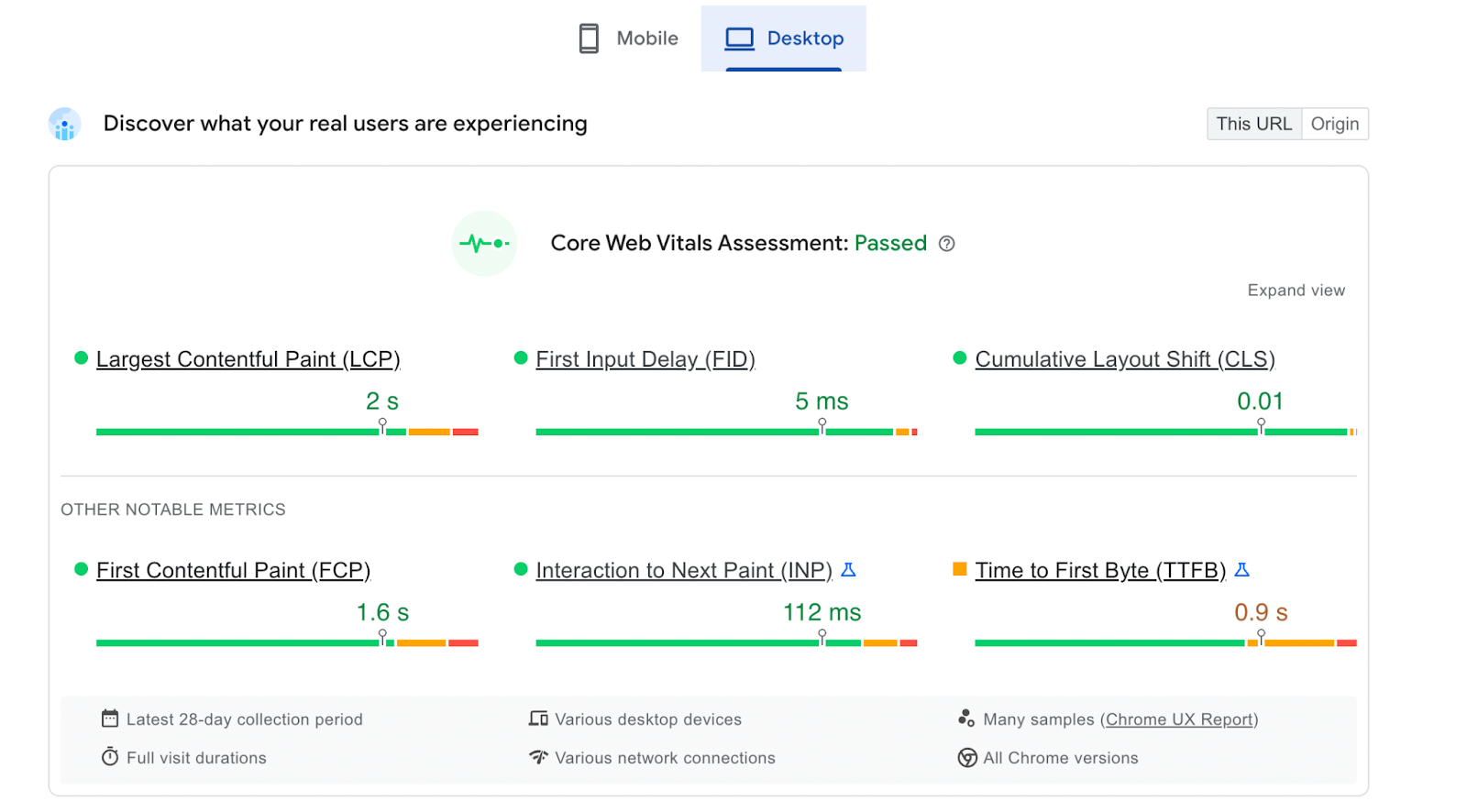 desktop view of core web vitals