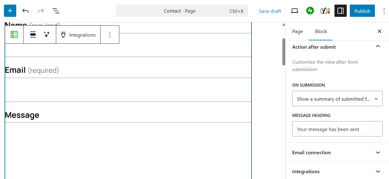 settings for "action after submit"
