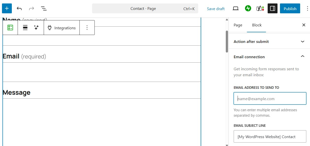 email settings for the Form block