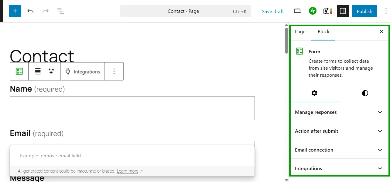 settings for the Form block