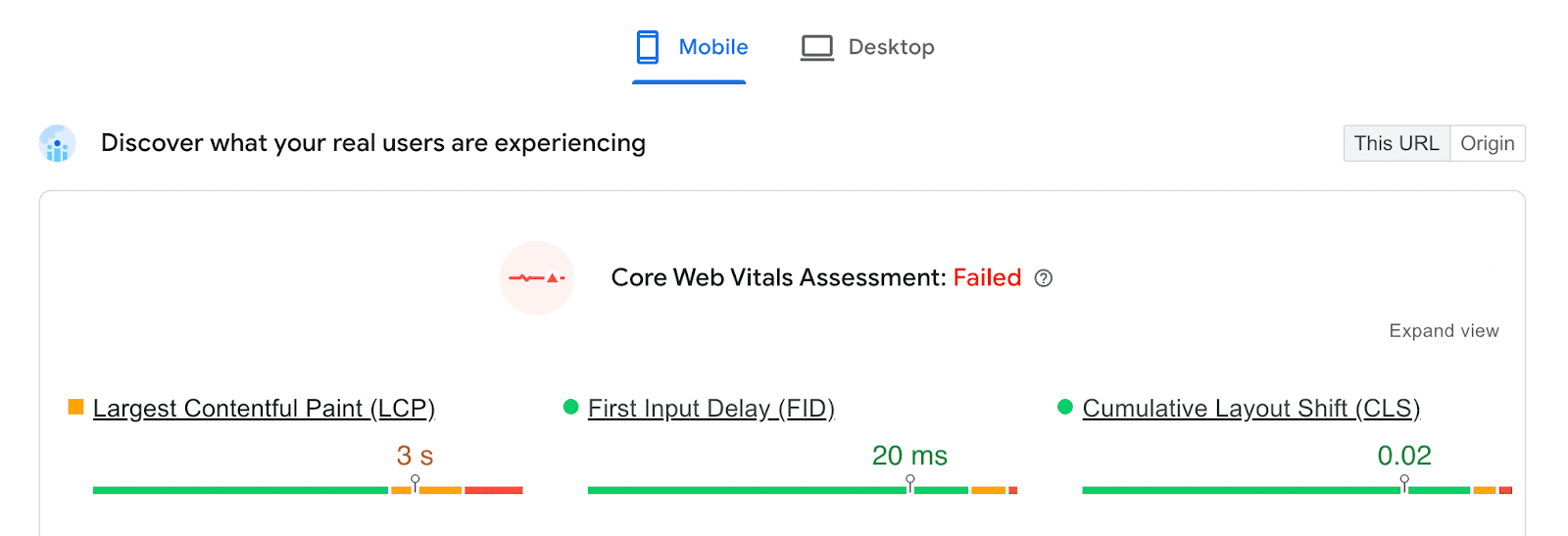results from Google PageSpeed, showing scores for LCP, FID, and CLS