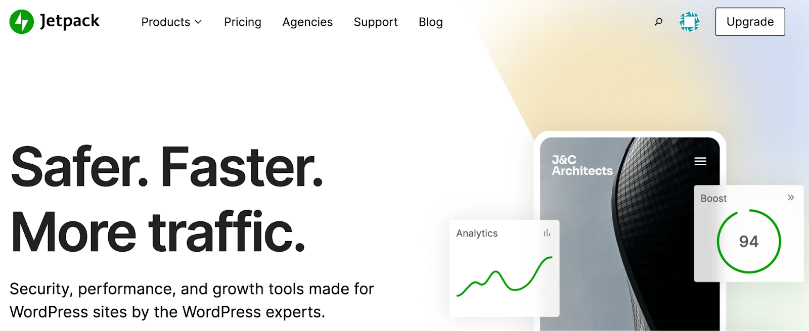 Jetpack homepage with the tagline, "Safer. Faster. More Traffic."