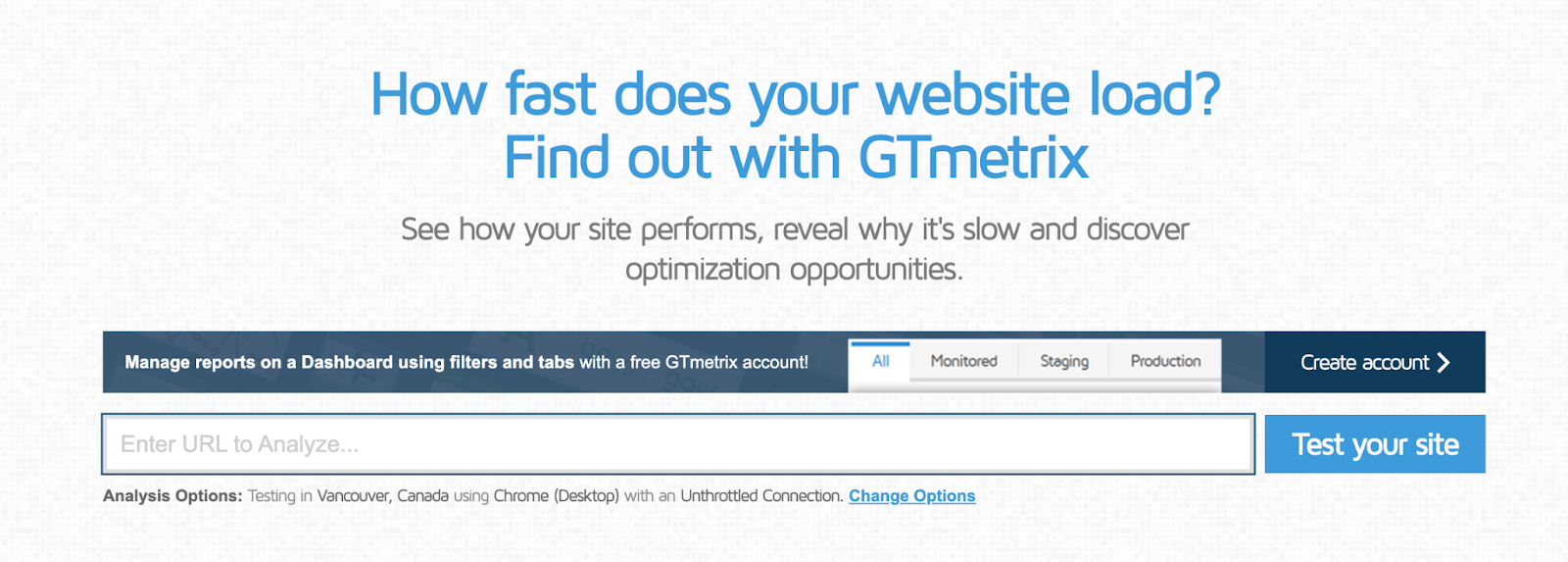 GTMetrix homepage with URL bar