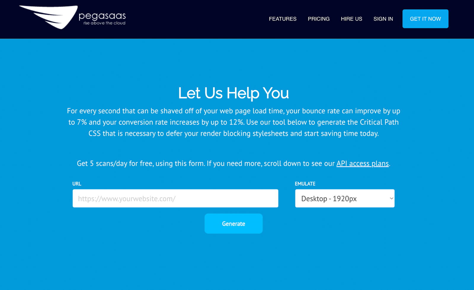 Pegasus homepage with a blue background