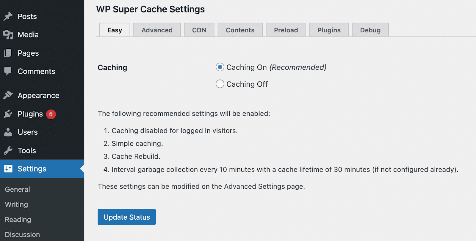WP Super Cache settings