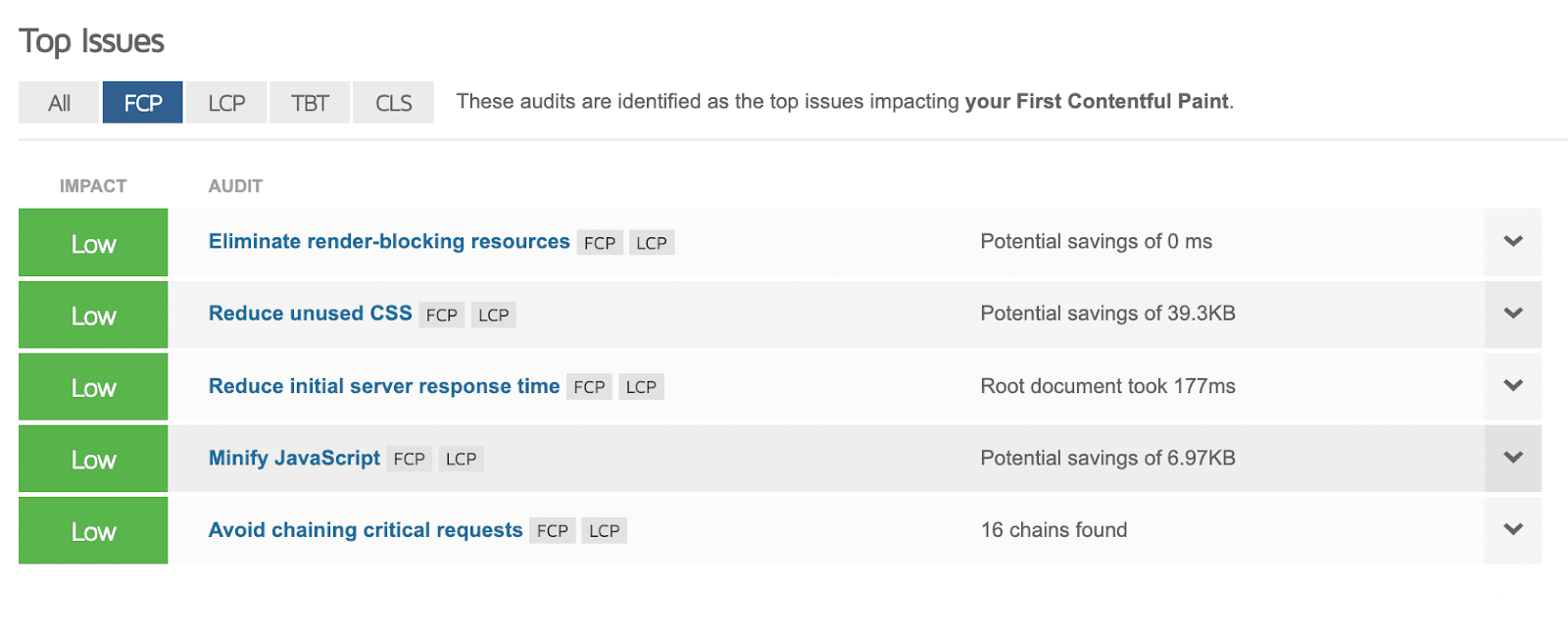Top Issues listed in GTMetrix