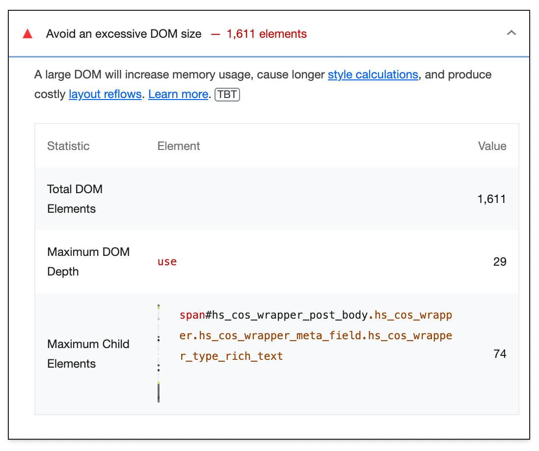 excessive DOM size error message