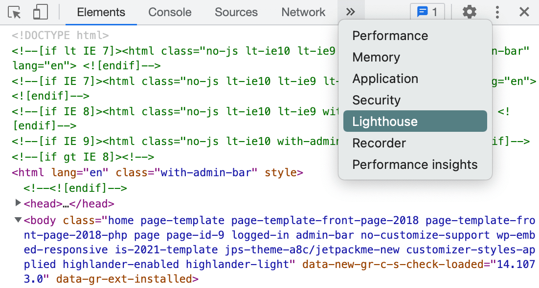 Running a test with Google Lighthouses