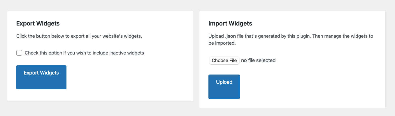 options to import and export widgets