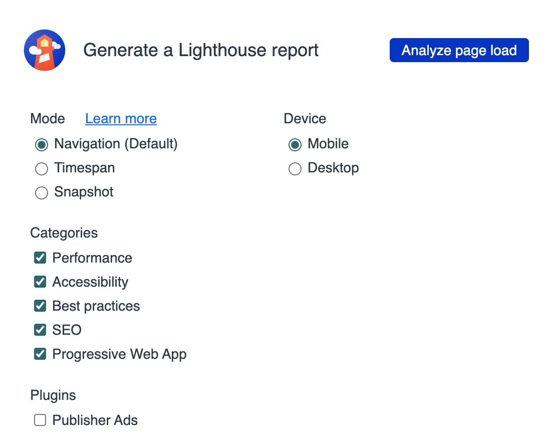 analyze page load button in Lighthouse