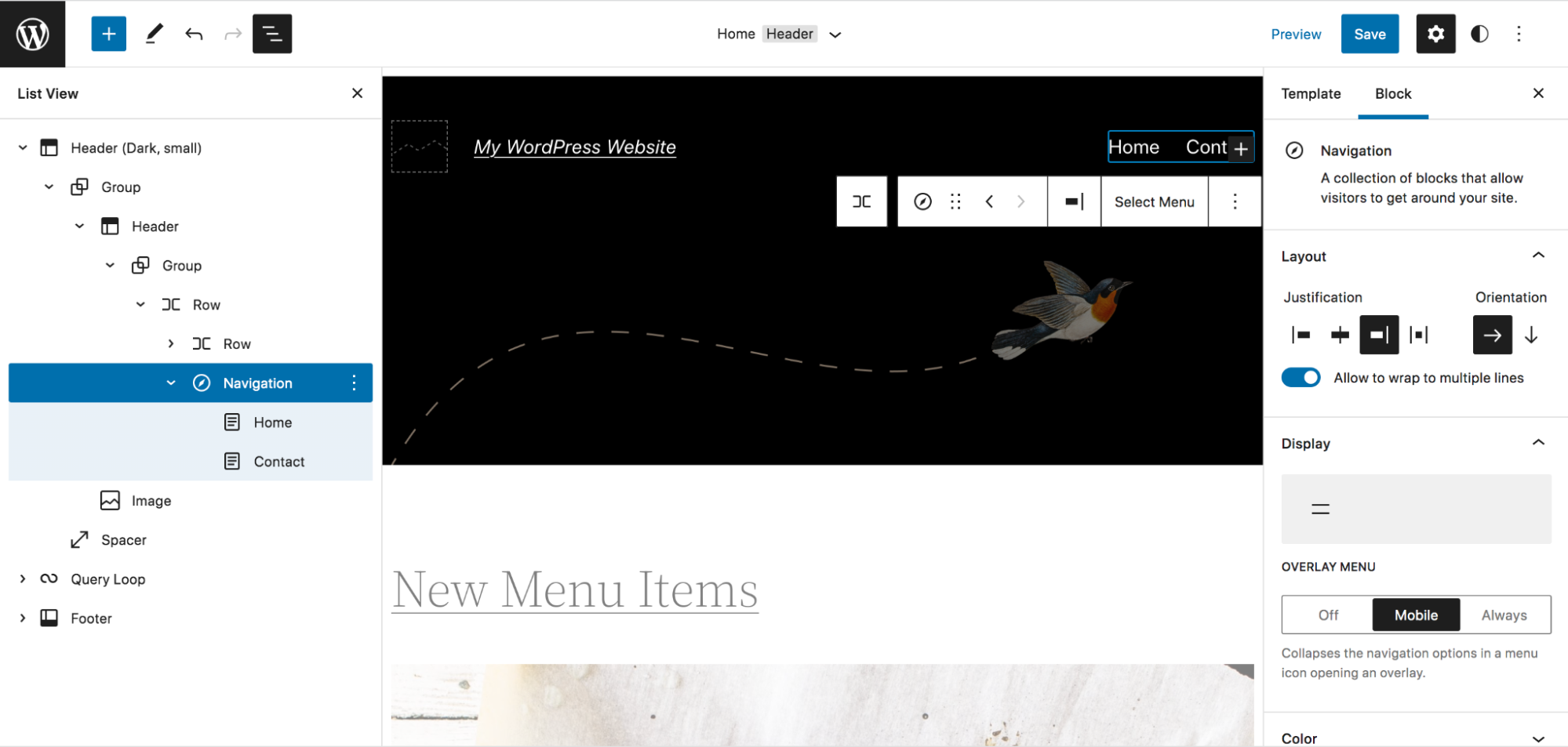 opening options for the Navigation block