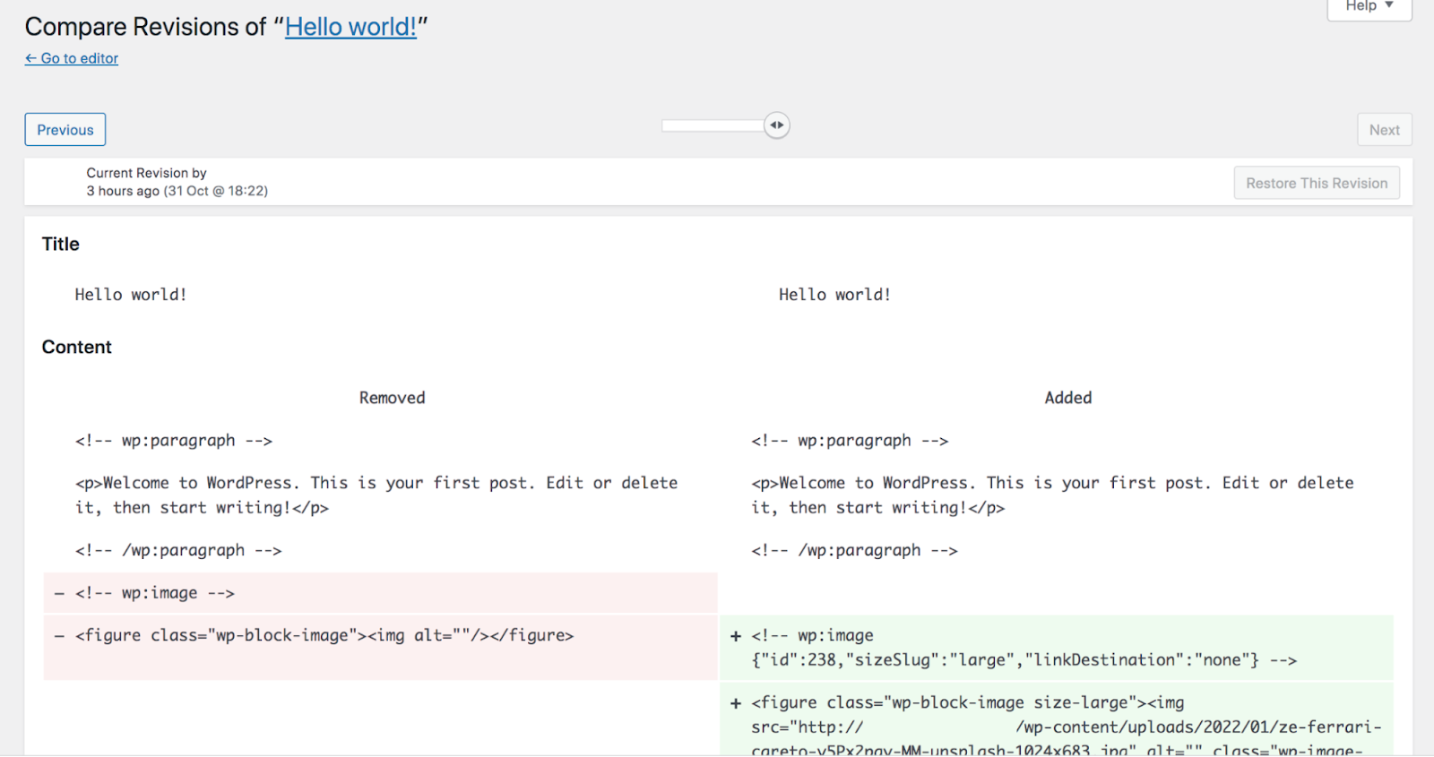 two WordPress revisions side by side