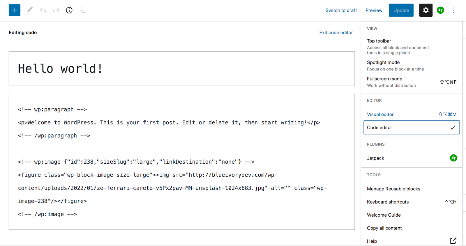 editing a post using the WordPress Code Editor