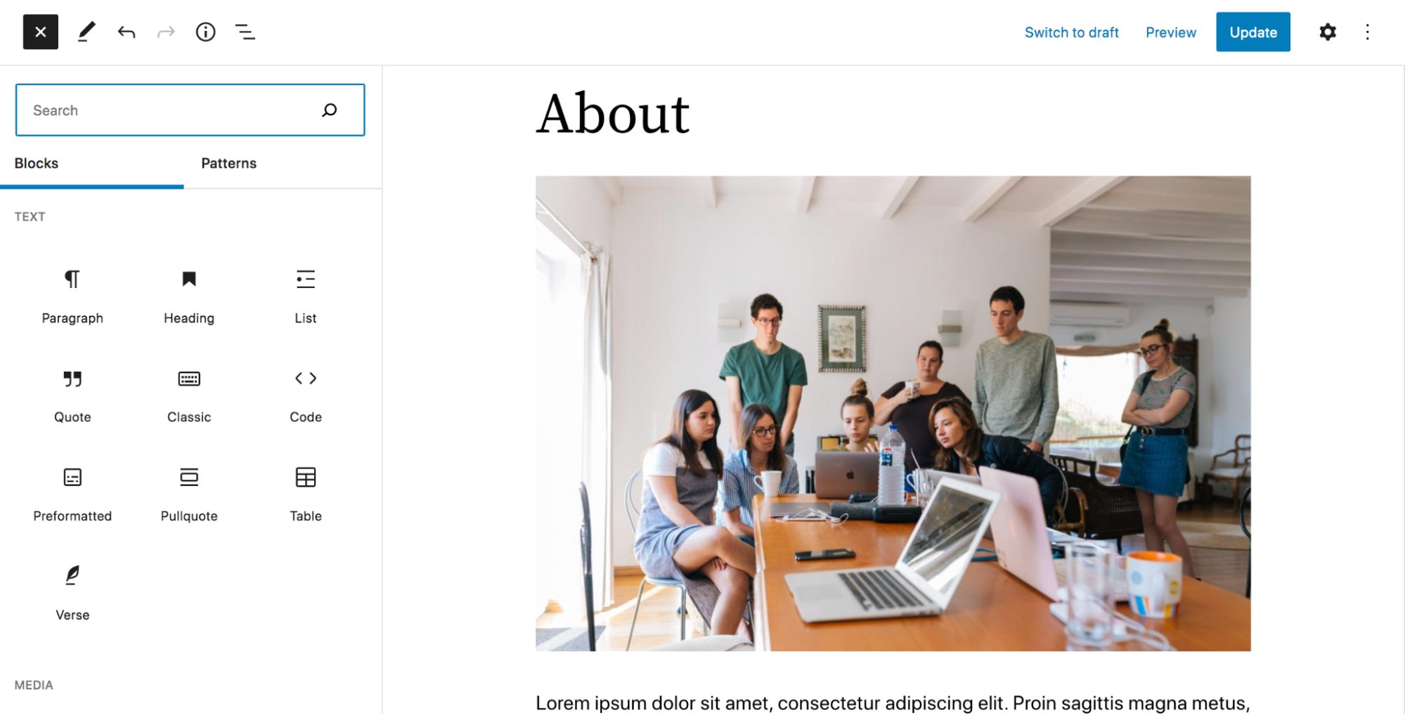 an About page created with the block editor