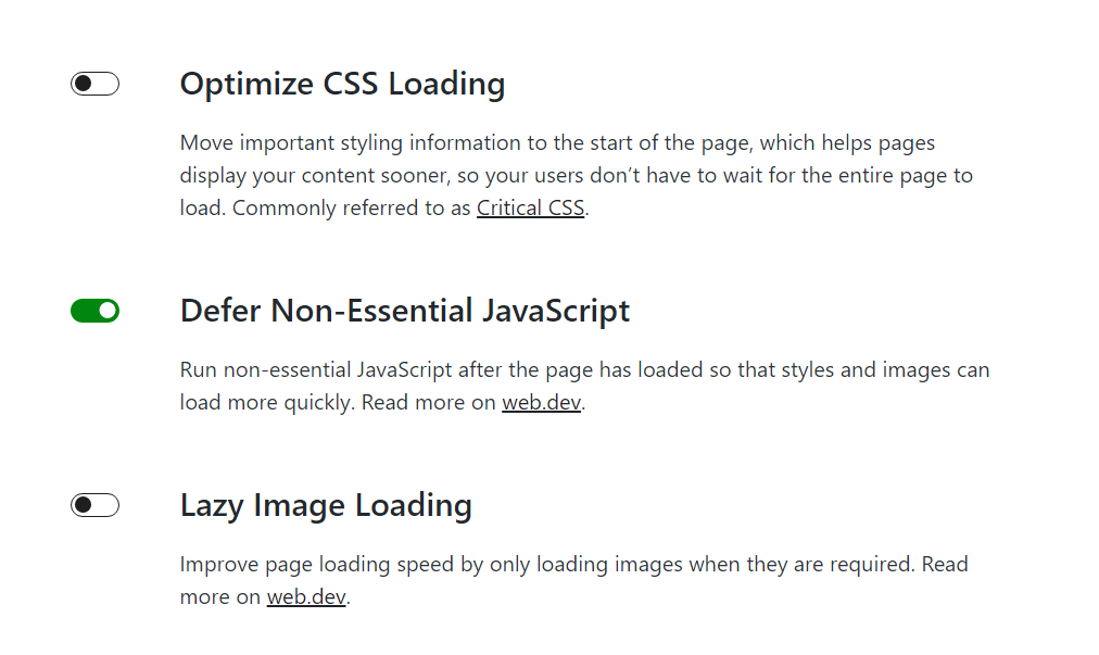 option to defer non-essenntial JavaScript