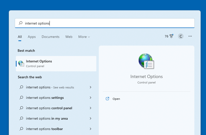 internet options in Windows