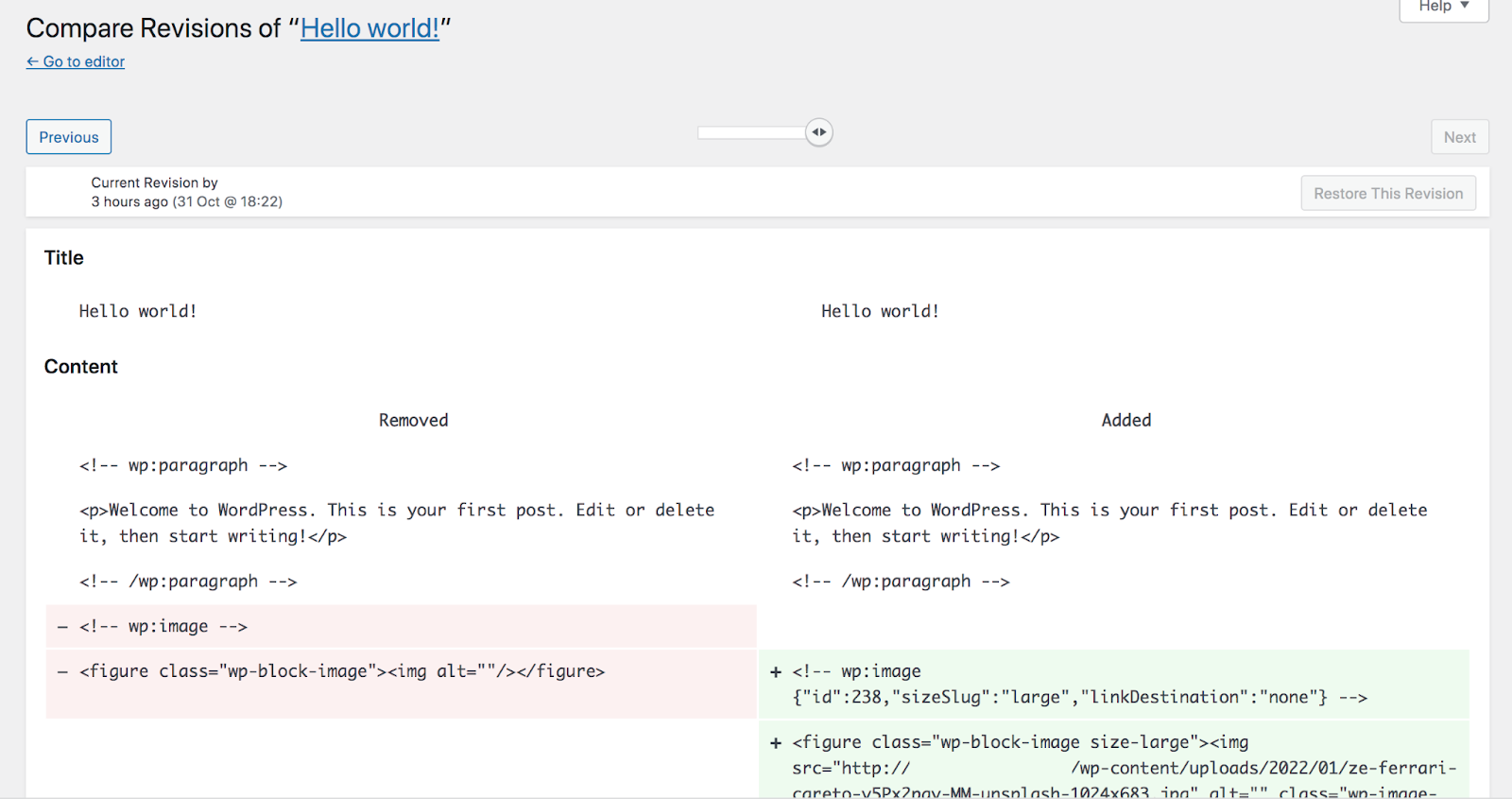 two revisions side by side in WordPress