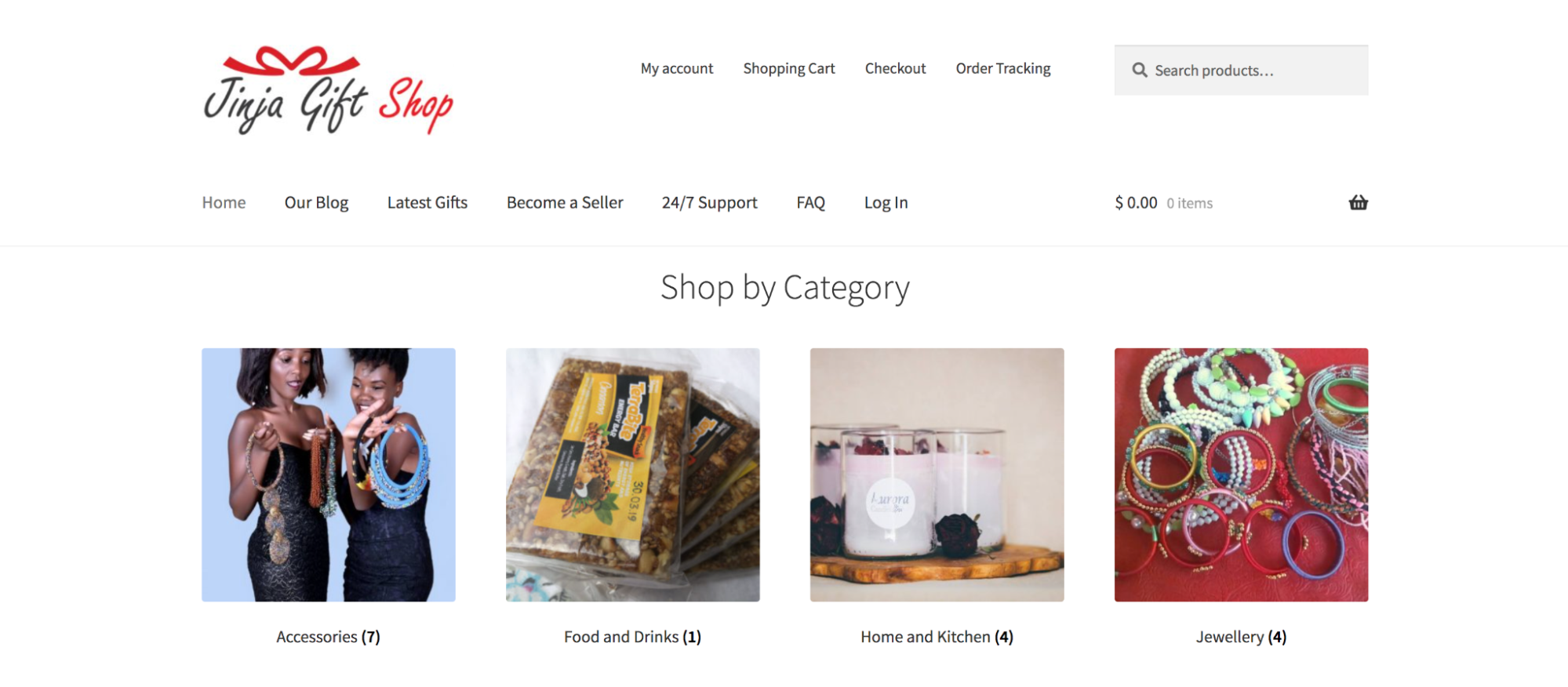 Jinja Gift Shop homepage, showing products from Uganda