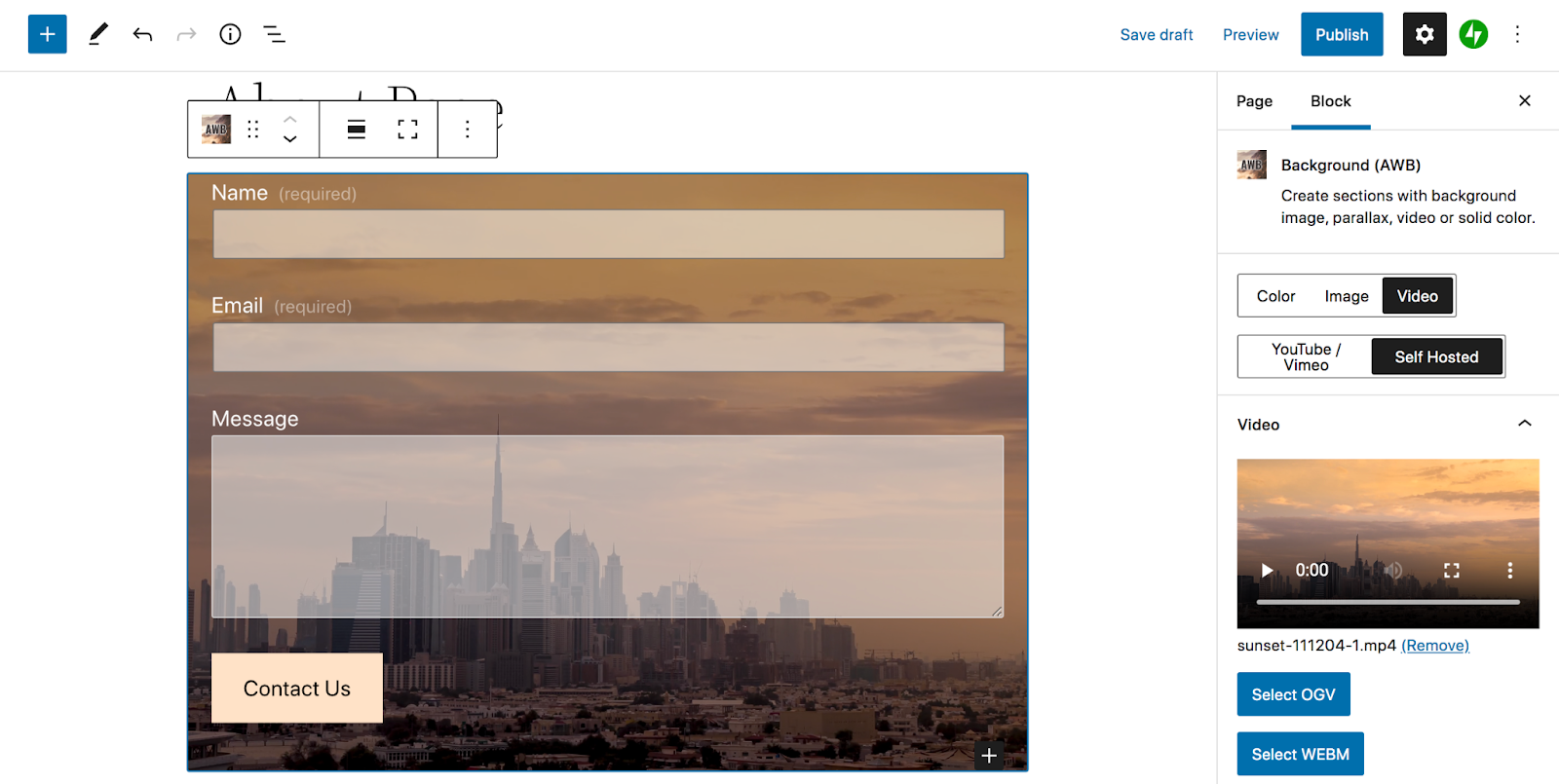 contact form on top of a video background