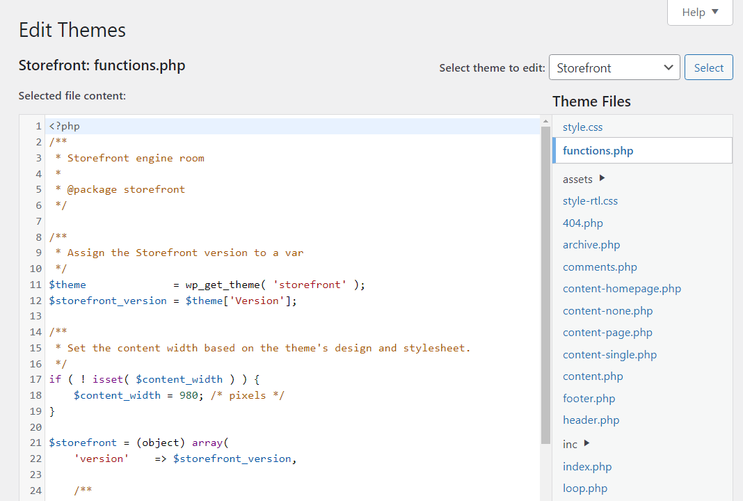 Edit Themes area of WordPress