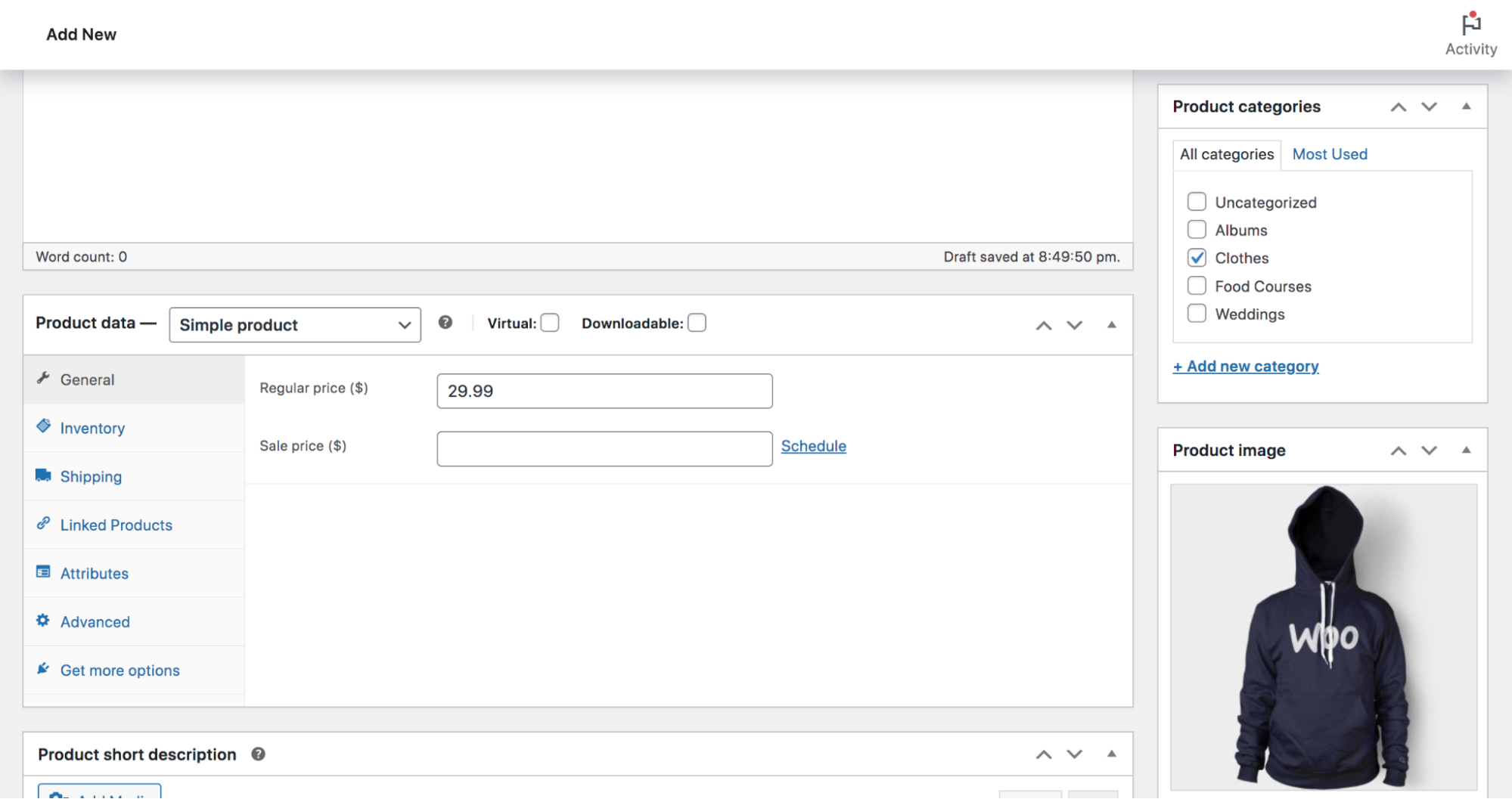 options for images and categories