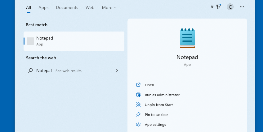 finding Notepad in Windows