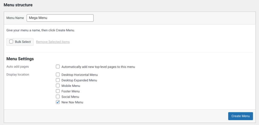 creating a new menu in WordPress