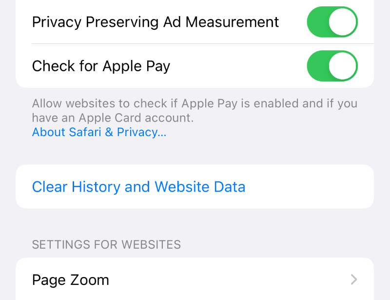 clear history and website data option