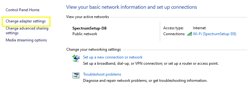 change adapter settings option